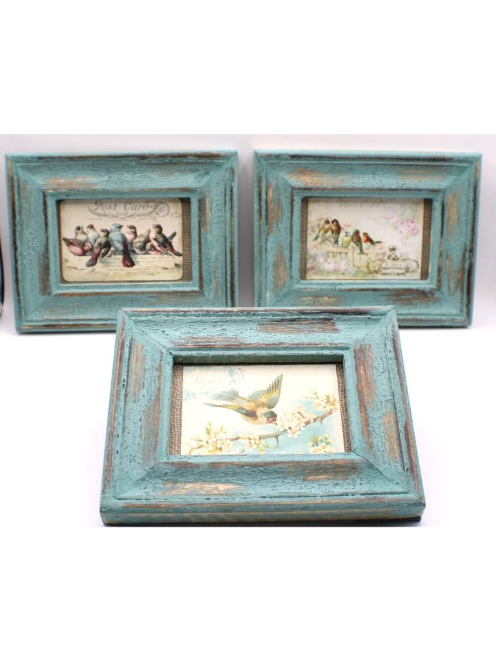 Set Of 3 Framed Bird Postcard Prints Rustic Distressed Blue Wood Farmhouse Vtg